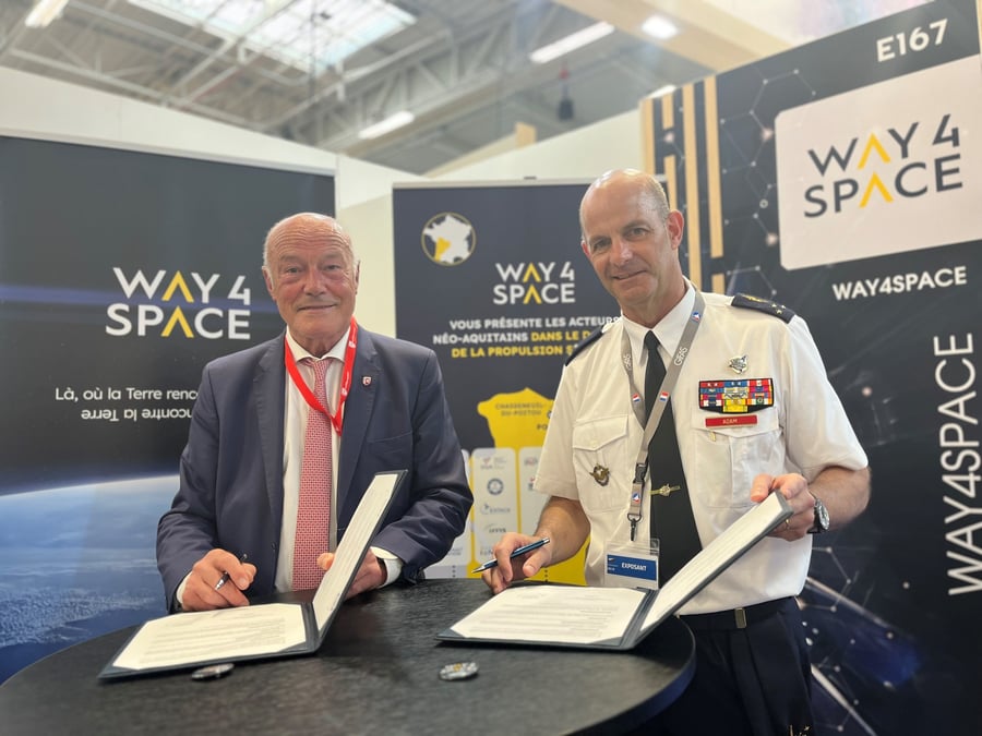 Way4Space a signé, en juin 2023, un partenariat avec le Commandement de l’Espace. Alain Rousset, président de la Région Nouvelle-Aquitaine, président de Way4Space et le Général Philippe Adam, Commandant de l’Espace.