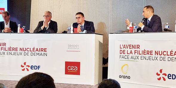 Philippe Knoche (Orano), Jean-Bernard Levy (EDF) et François Jacq (CEA), le 8 octobre 2021 au CEA Marcoule