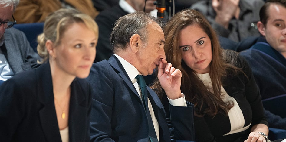 Marion Maréchal, Éric Zemmour et Sarah Knafo à Paris, le 20 février.