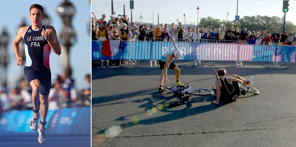 La chute
de Pierre
Le Corre
et de Hayden
Wilde (au sol),
le 5 août