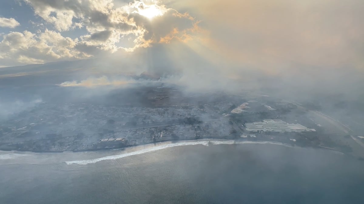 Vue aerienne de la cote de lahaina a la suite des incendies de foret