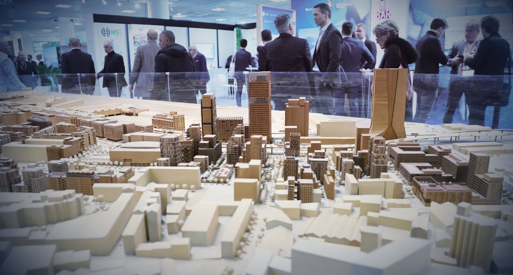 Détail d'une maquette d'architecte d'un quartier de Marseille exposée au MIPIM, le marche international des professionnels de l immobilier a Cannes.