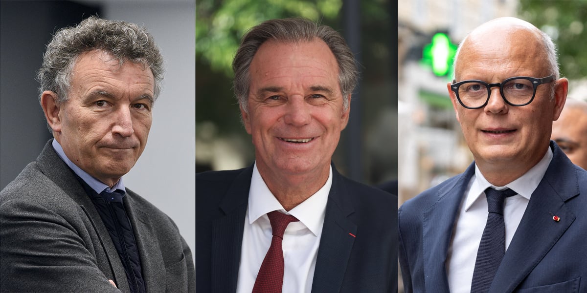 Franck Leroy (à gauche), président de la Région Grand-Est. Renaud Muselier (au centre), président de la Région Sud. Édouard Philippe (à droite), maire du Havre.