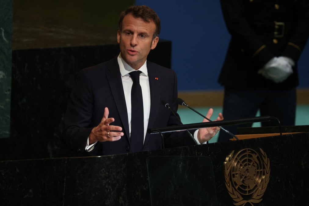 Le president emmanuel macron s'adresse a la 77e session de l'assemblee generale des nations unies a new york
