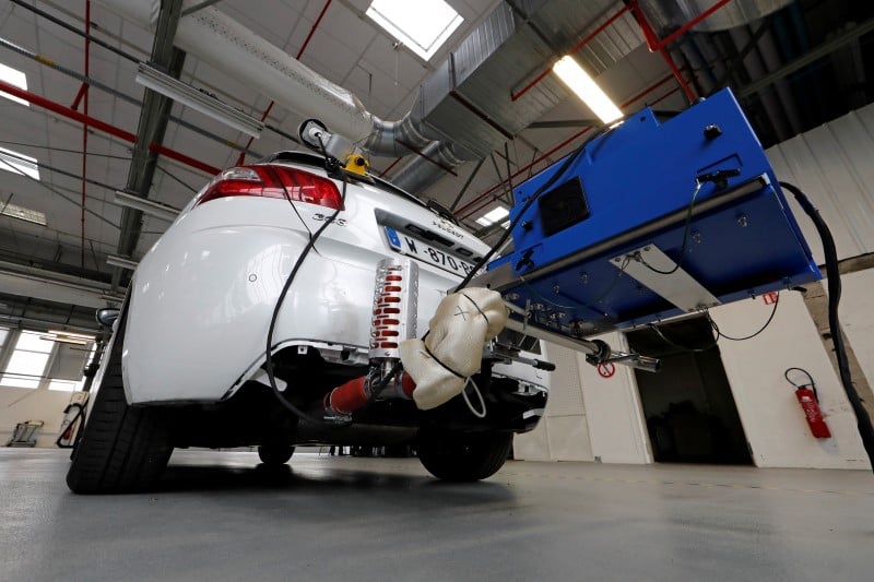 A portable emissions measurement system (pems) is pictured on a peugeot 308 car in carrieres-sous-poissy, near paris