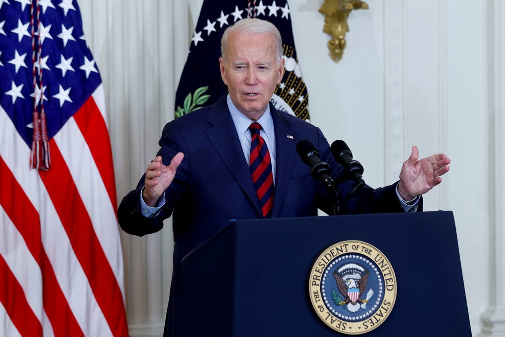 Joe biden, prononce un discours sur la couverture des soins de sante et l'economie, a washington.