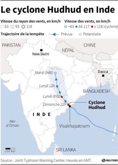 Le cyclone Hudhud a fait 24 morts en Inde, crainte d'inondations