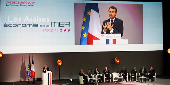 Emmanuel Macron a pris la parole à l'ouverture des Assises de l'économie de la mer à Montpellier, le 3 décembre 2019.