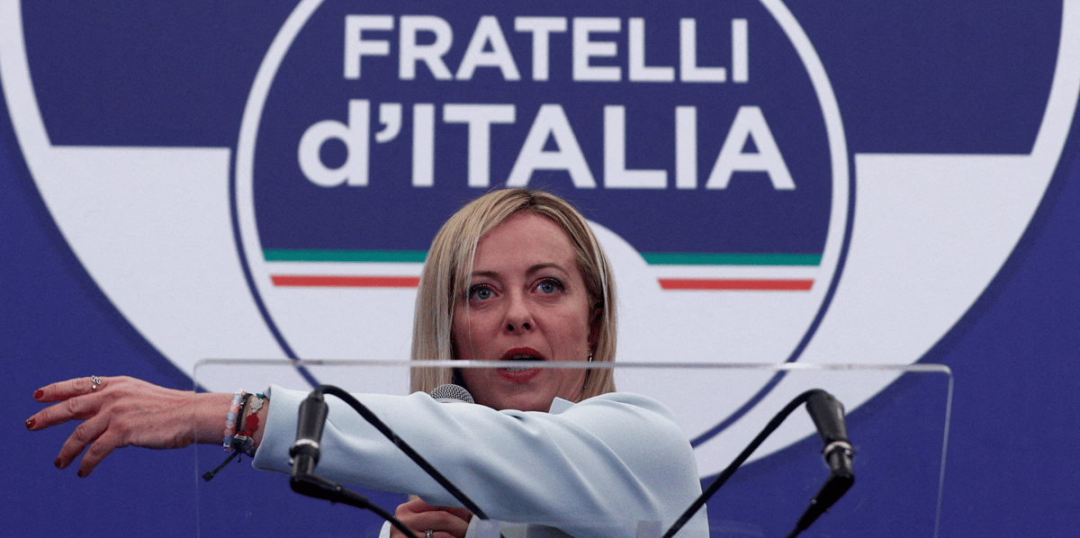 La cheffe des freres d'italie, giorgia meloni, s'exprime au siege de la soiree electorale du parti, a rome