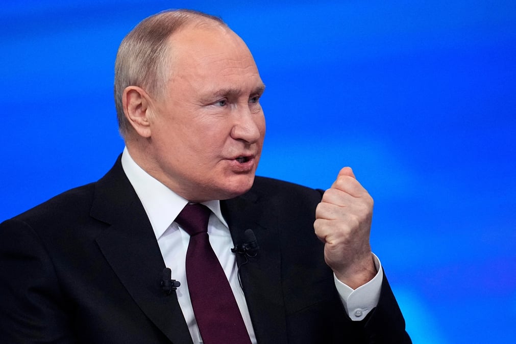 Le president russe vladimir poutine s'exprimant lors de sa conference de presse annuelle a moscou