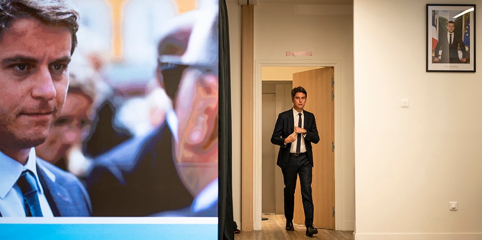 Gabriel Attal jeudi au siège de Renaissance à l’occasion de sa conférence de presse de présentation du projet.