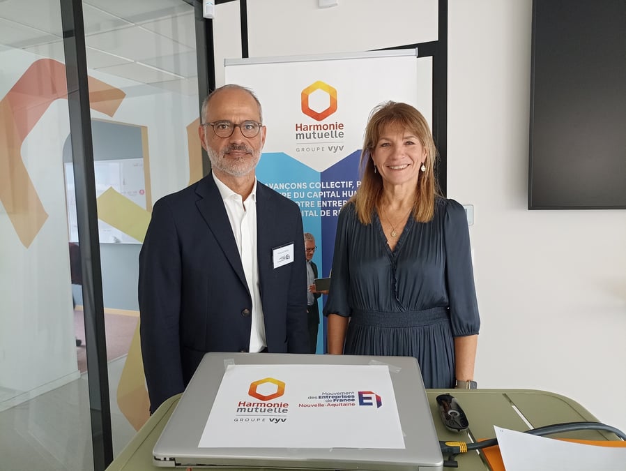 François Perrin, président du Medef Nouvelle-Aquitaine, et Magali Blanchet, directrice régionale Nouvelle-Aquitaine d'Harmonie Mutuelle
