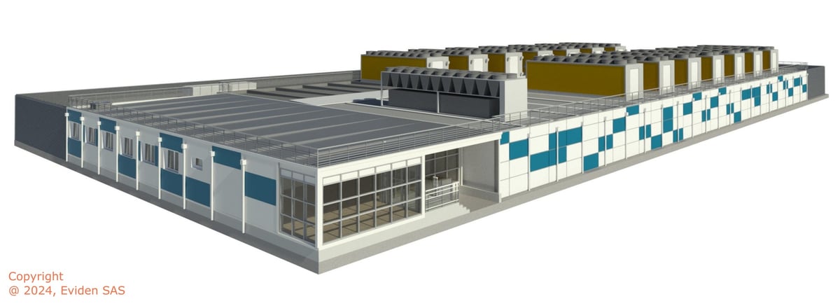 Vue d’artiste du futur data center modulaire développé par Eviden à Angers pour le centre de recherche allemand Jülich.