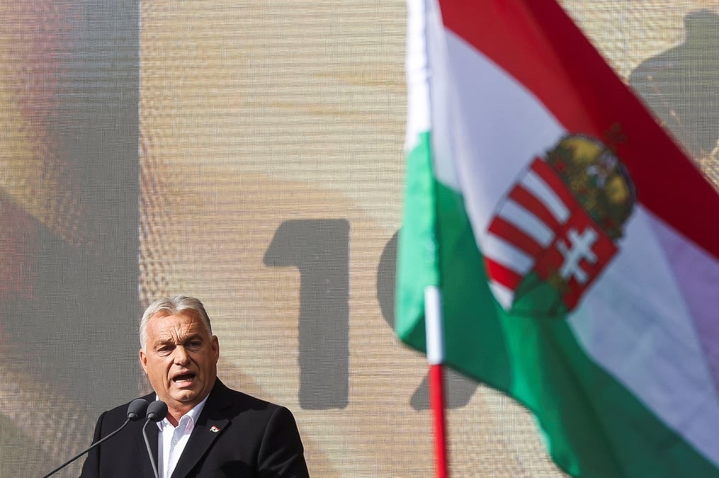 Le premier ministre hongrois viktor orban prononce un discours lors des celebrations du 68e anniversaire du soulevement hongrois de 1956, a budapest