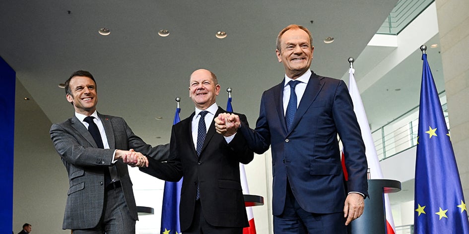 Emmanuel Macron, Olaf Scholz et le Premier ministre polonais, Donald Tusk, réunis vendredi à Berlin pour un sommet sur l’Ukraine.
