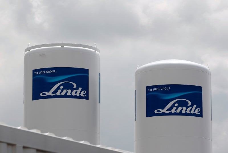 The logos of german industrial gases maker linde are pictured at a factory in vienna