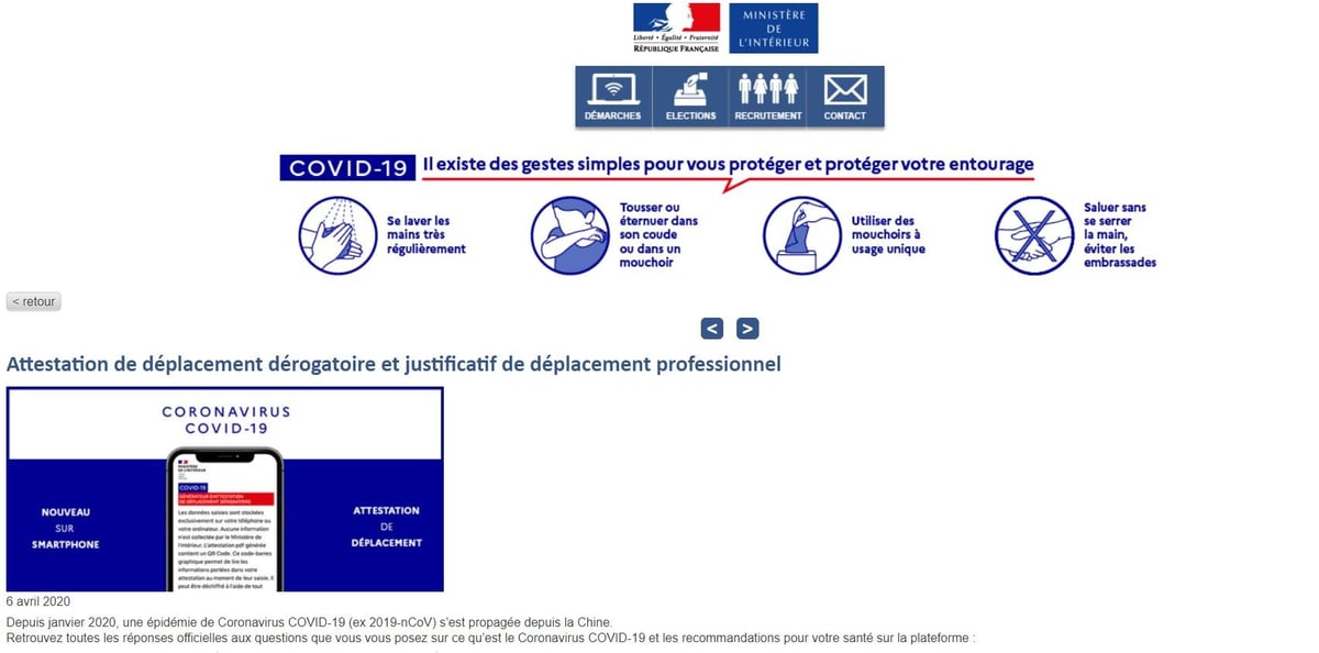La page dédiée au générateur en ligne d'attestations de déplacement du ministère de l'Intérieur.