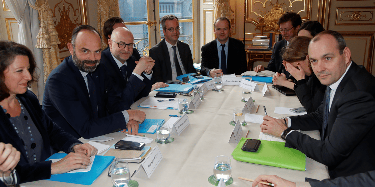 Laurent Berger, secrétaire général de la CFDT, assiste à une rencontre en présence du premier ministre Edouard Philippe, le 10 janvier 2020, au 37e jour de grève contre le projet de réforme des retraites