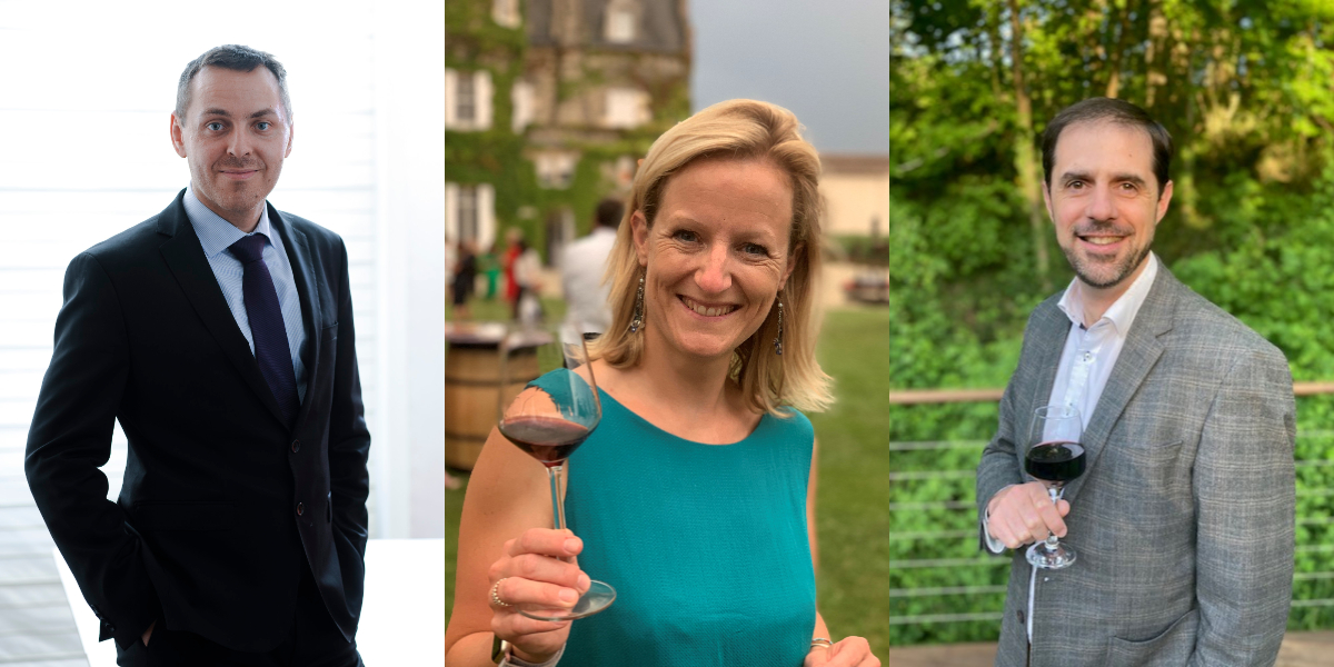 Matthieu Gombault accompagne la clientèle privée dans ses projets viticoles au sein de Société Générale Private Banking, Aurélie Quellien est Responsable d’affaires transactions viti-vinicoles pour le réseau SG, et Nicolas Martin est Directeur de Bordeaux Vignobles, cellule en charge de la filière vin chez SG SUD OUEST.