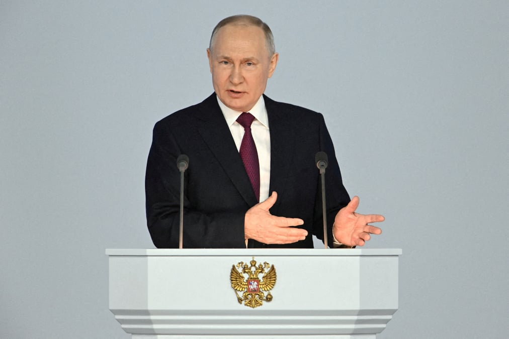Photo d'archives du president russe vladimir poutine qui prononce son discours annuel a l'assemblee federale a moscou