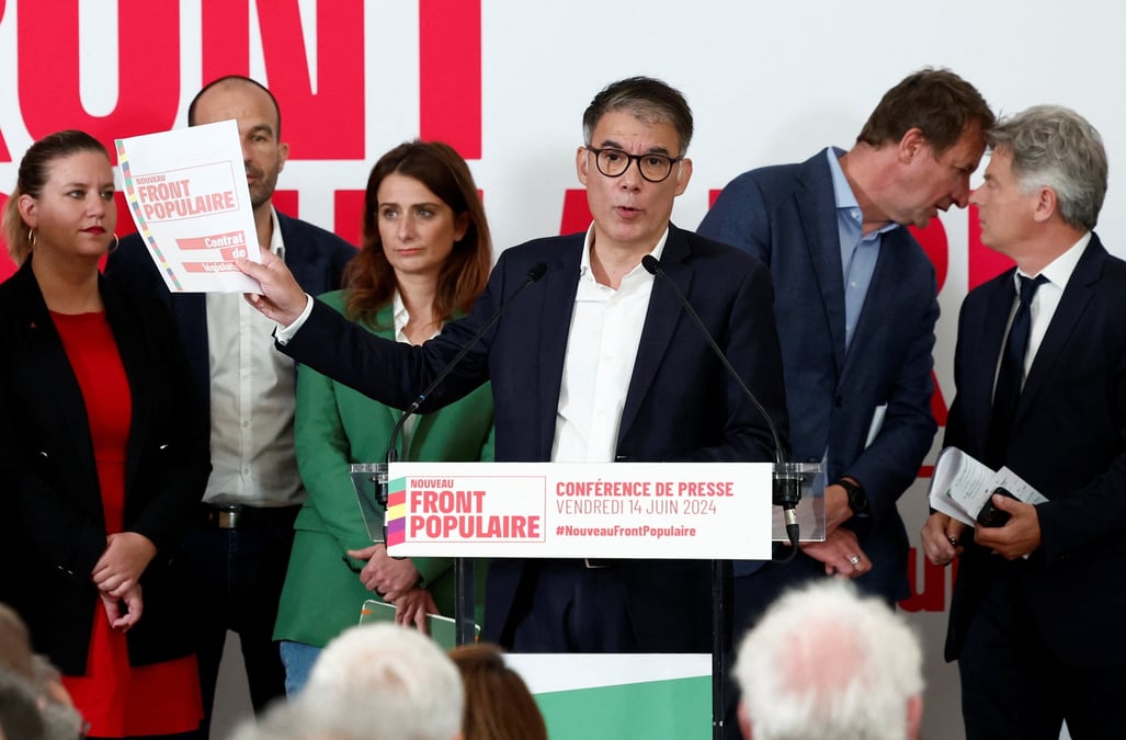 Olivier faure, premier secretaire du parti socialiste francais, lors d'une conference de presse de l'alliance des partis de gauche, baptisee "nouveau front populaire", a paris