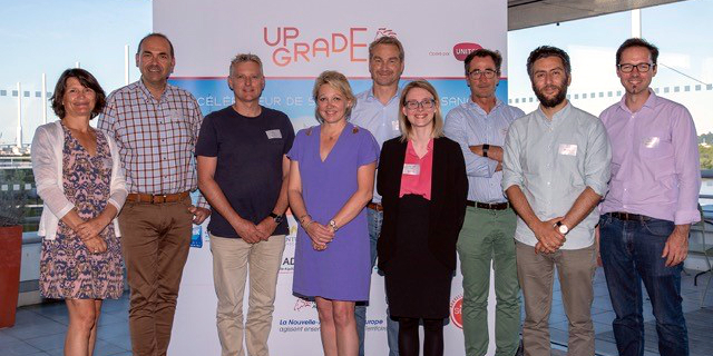 De gauche à droite : Perrine Laquèche (UpGrade), Laurent Sebag (App’s miles), Michael Turbe (Marbotic), Anne-Laure Bedu (Région Nouvelle-Aquitaine), Guillaume-Olivier Doré, (Mieuxplacer.com), Maryne Cotty-Eslous (Lucine), François Le Tanneur (App’s miles), Jonathan Azoulay (Talent.io), André Doumec (Meshroom VR).