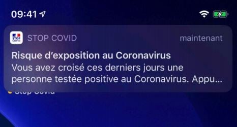 L'alerte que recevront les "cas contact", les personnes qui ont été en contact rapproché avec un individu qui s'est révélé positif au Covid-19.