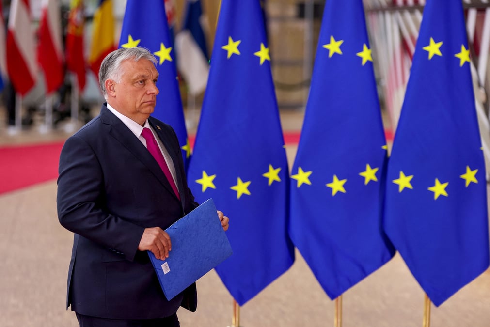 Le premier ministre hongrois viktor orban arrivant au sommet des chefs d'etat et de gouvernement de l'union europeenne