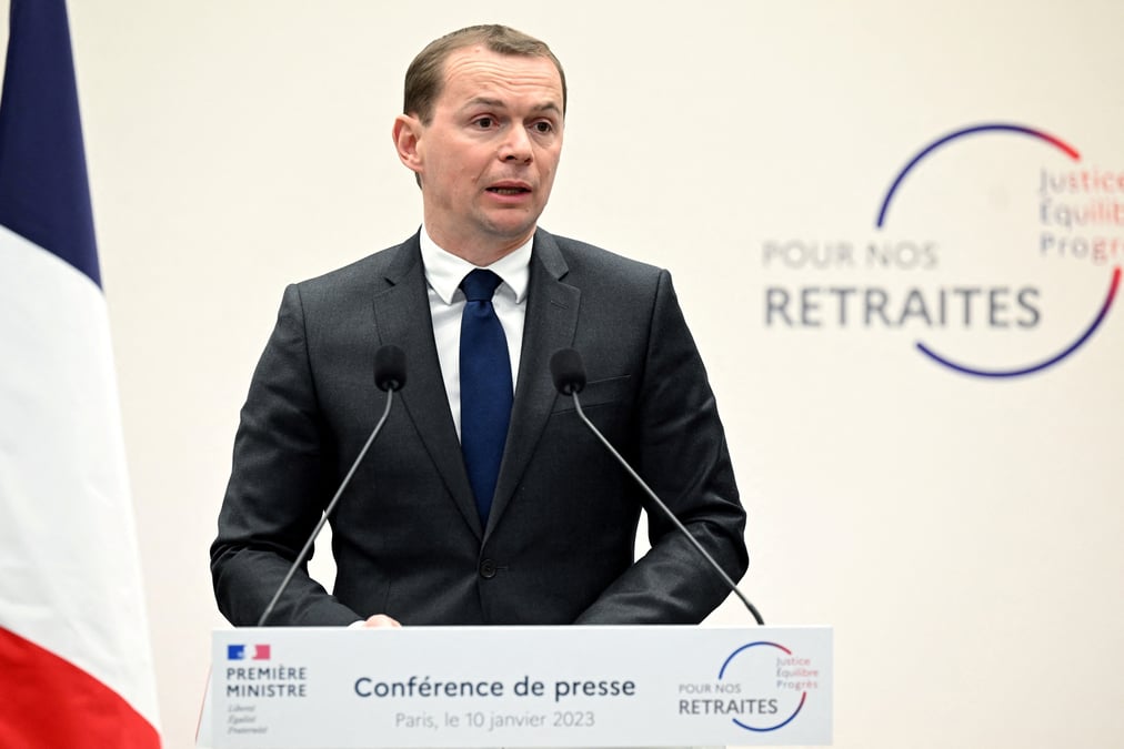Le ministre francais du travail, olivier dussopt, lors d'une conference de presse a paris