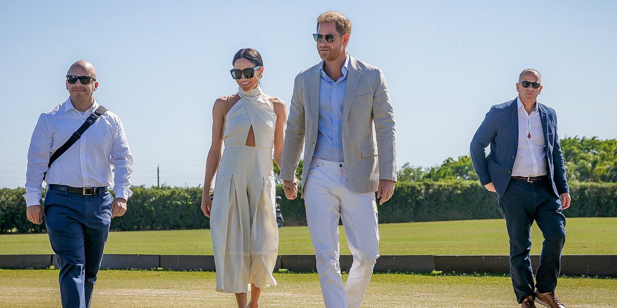 La duchesse de Sussex Meghan Markle et le prince Harry, duc de Sussex, arrivent au Polo Grand Champions à Wellington, en Floride, le 12 avril 2024. Le prince Harry participera au match de la soirée.
