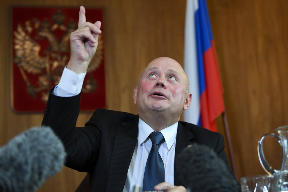 Ambassador of the russian federation grigory logvinov speaks during a press conference at the russian embassy in canberra