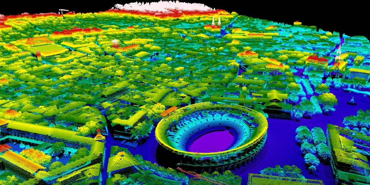 Le programme Lidar HD de l'IGN vise à réaliser des cartographies 3D denses et précises du territoire, comme ici à Nîmes.