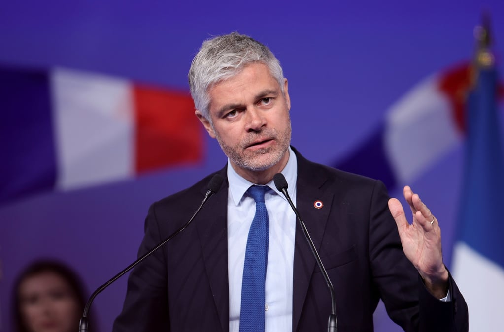 Le president les republicains (lr) de la region auvergne-rhone-alpes, laurent wauquiez, s'exprime lors d'un meeting a paris