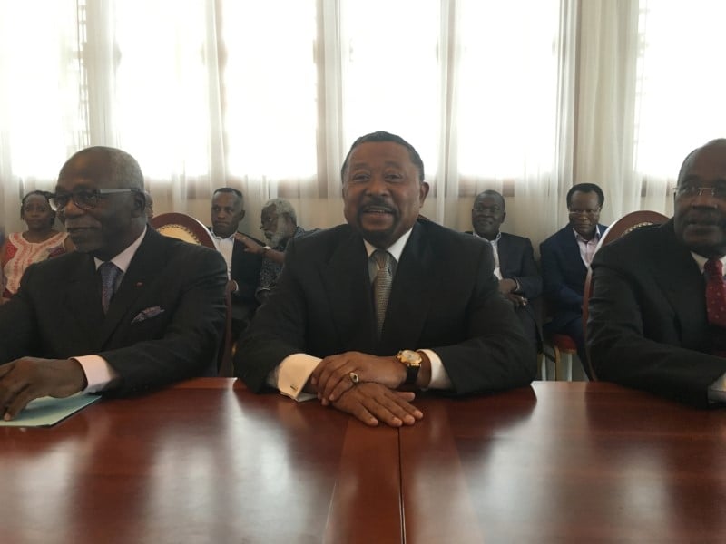 Gabon opposition leader jean ping attends a meeting with advisors in libreville