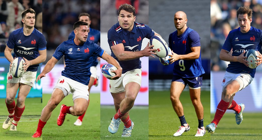 De gauche à droite : Baptiste Couilloud, Nolann Le Garrec, Antoine Dupont, Maxime Lucu, Baptiste Serin.