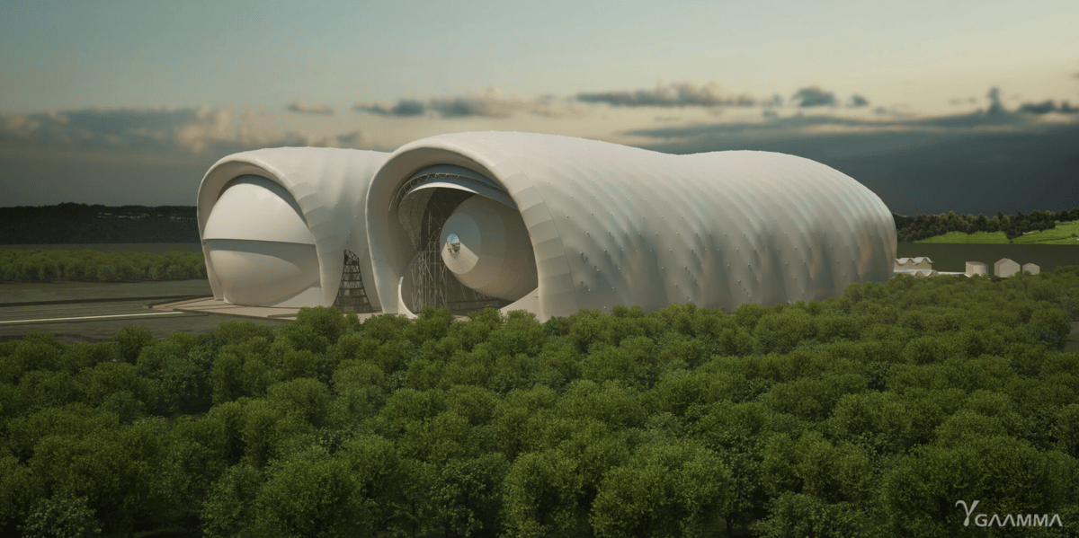 Esquisse des futurs hangars géants de Flying Whales à Laruscade, en Gironde.