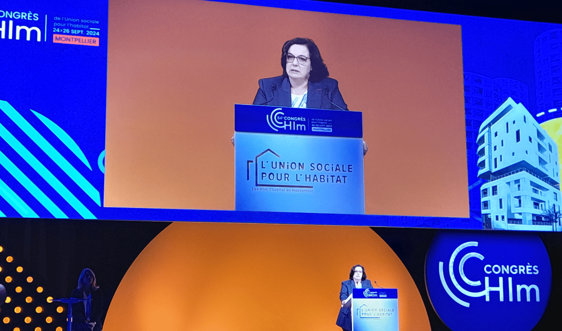 Emmanuelle Cosse, présidente de l'Union sociale pour l'Habitat (USH), en ouverture du Congrès HLM le 24 septembre 2024 à Montpellier.