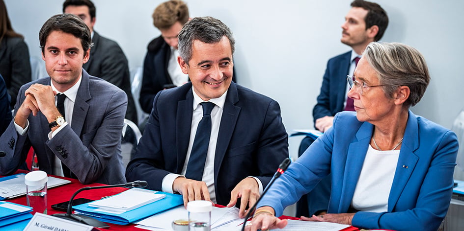 Gabriel Attal, Gérald Darmanin et Élisabeth Borne en octobre 2023.