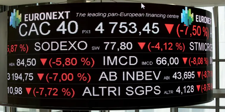Un écran montre la chute de l’indice CAC 40 parmi d’autres valeurs au sein des bureaux d’Euronext le 9 mars 2020 en pleine crise du Covid-19.