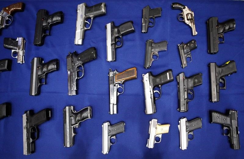 Seized handguns are pictured at the police headquarters in new york city