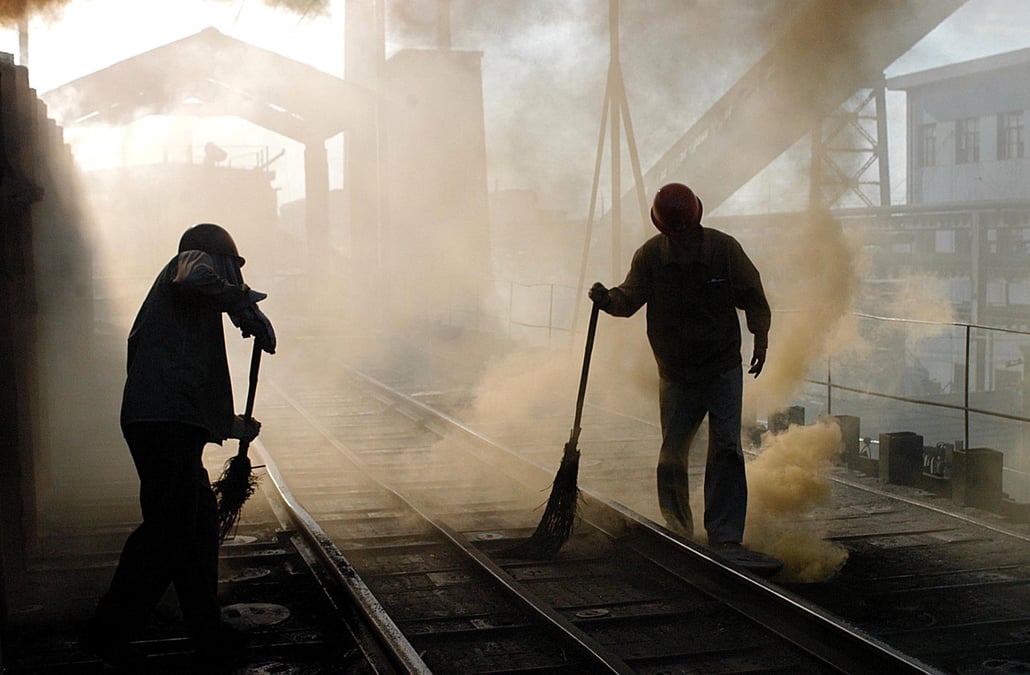 Chine, travail, aciérie, emploi, balai, chaleur,