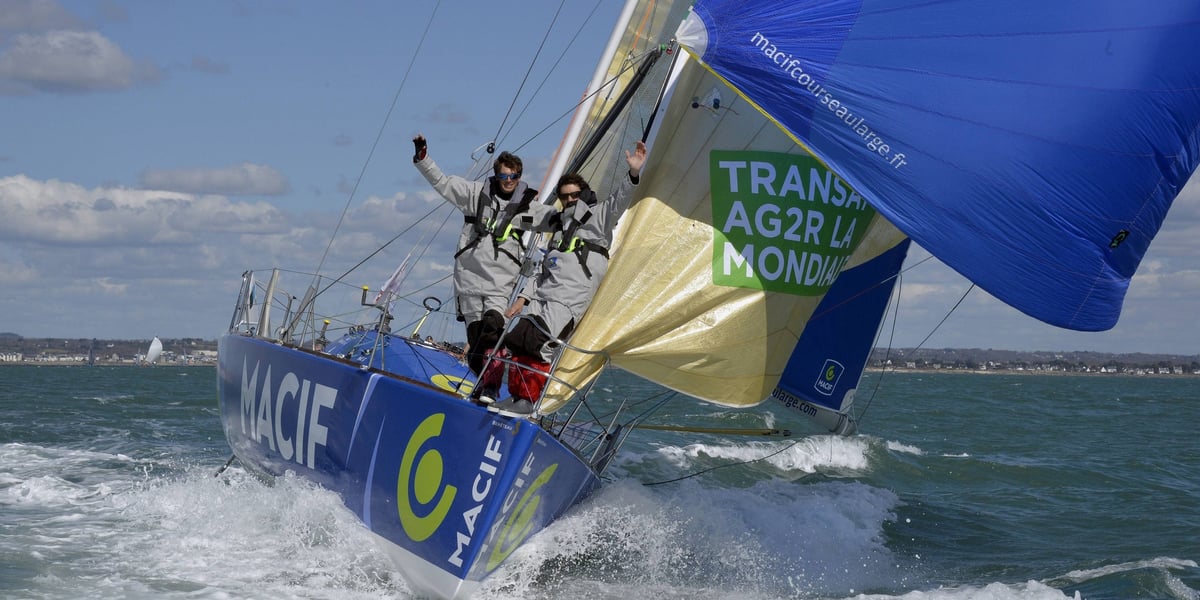 Charlie Dalin et Yoann Richomme en mars 2016, au départ de la Transat en double reliant Concarneau à Saint-Barthélemy.