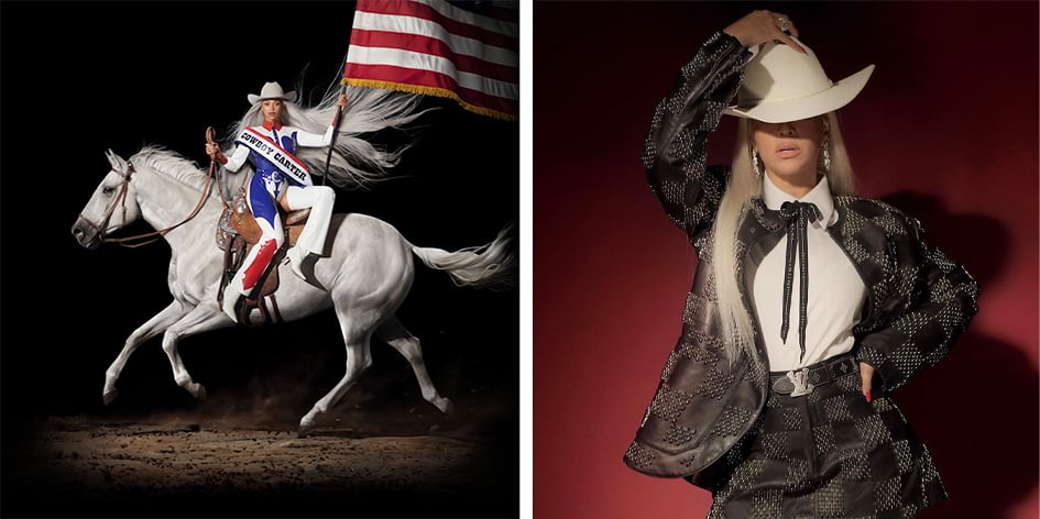 À gauche : Photo du nouvel album "Act II : Cowboy Carter". À droite : Photo Instagram du 5 février, où l’artiste se réapproprie tous les codes du genre country music.
