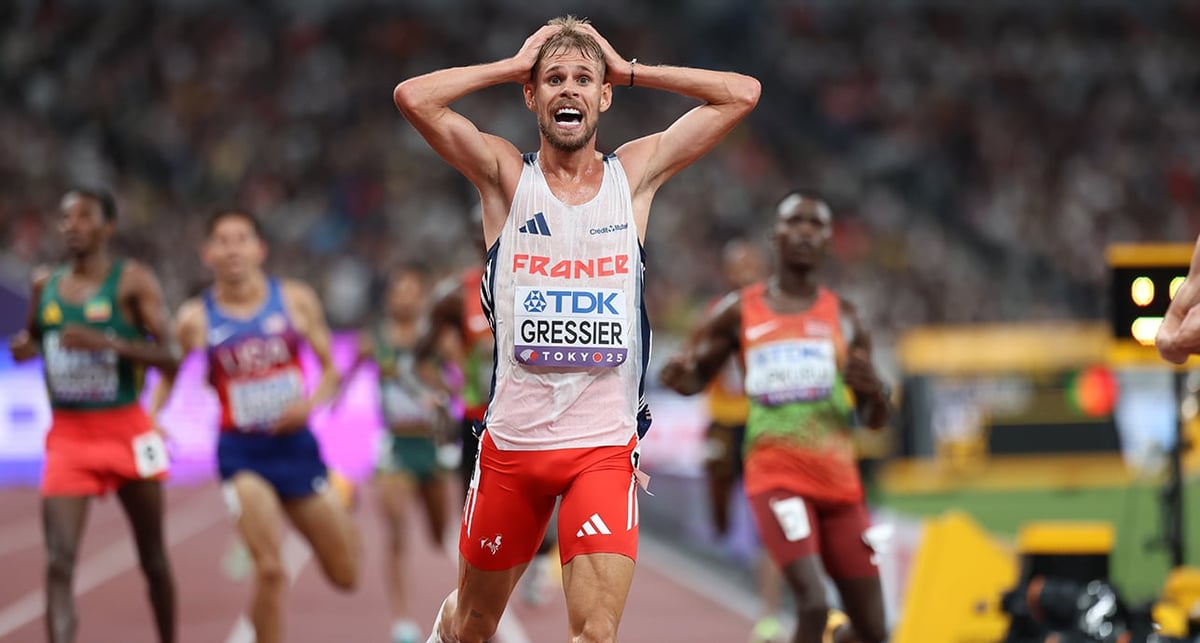 Jimmy Gressier, après sa victoire aux 10.000 mètres en 28 minutes et 55 secondes 77, dimanche 14 septembre aux Mondiaux de Tokyo.