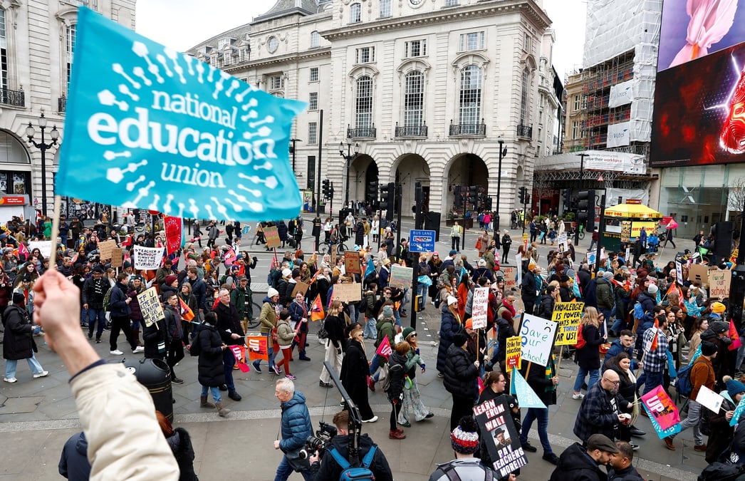 File photo: teachers attend a march during strike action in a dispute over pay, in london