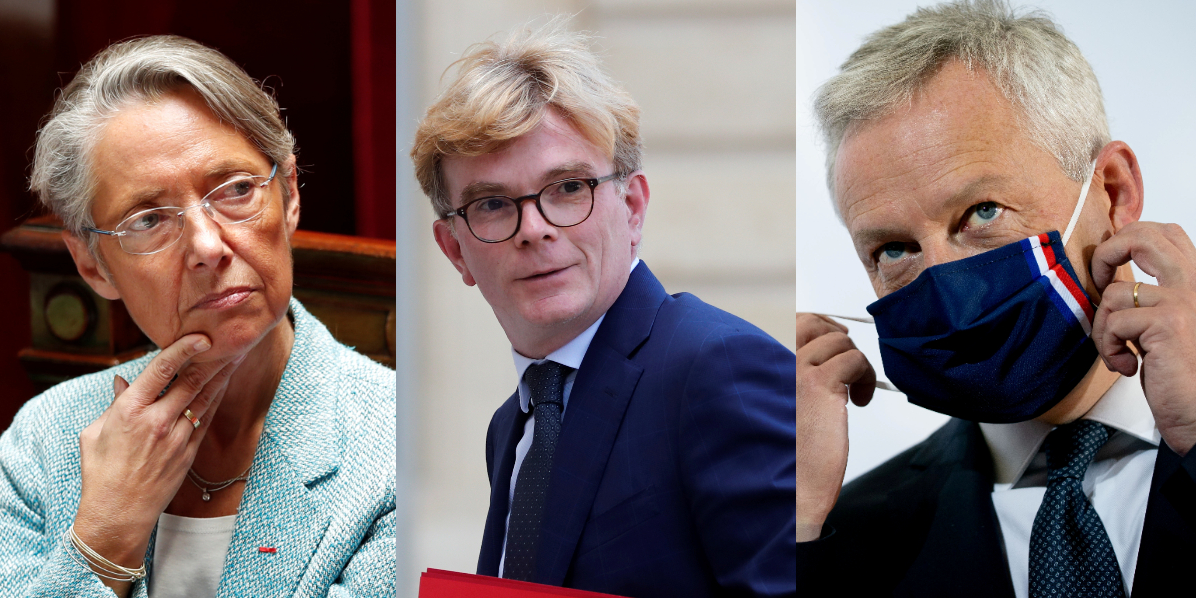 Collage photos : Elisabeth Borne, ministre du Travail, Marc Fesneaux, ministre Relations avec le Parlement, Bruno Le Maire, ministre de l'économie et des Finances