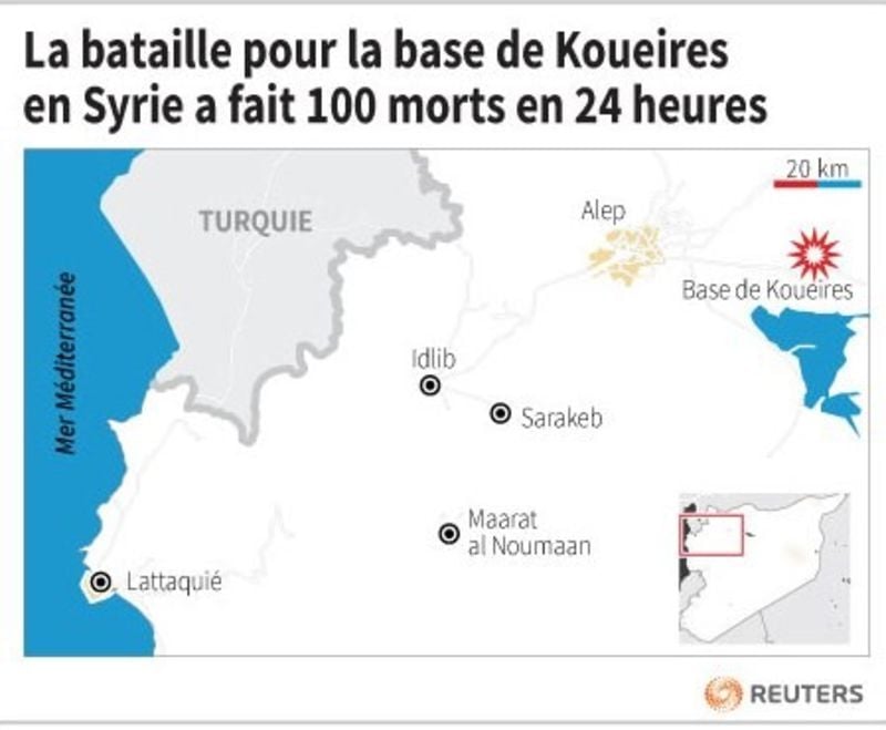 La bataille pour la base de koueires n syrie a fait 100 morts en 24 heures