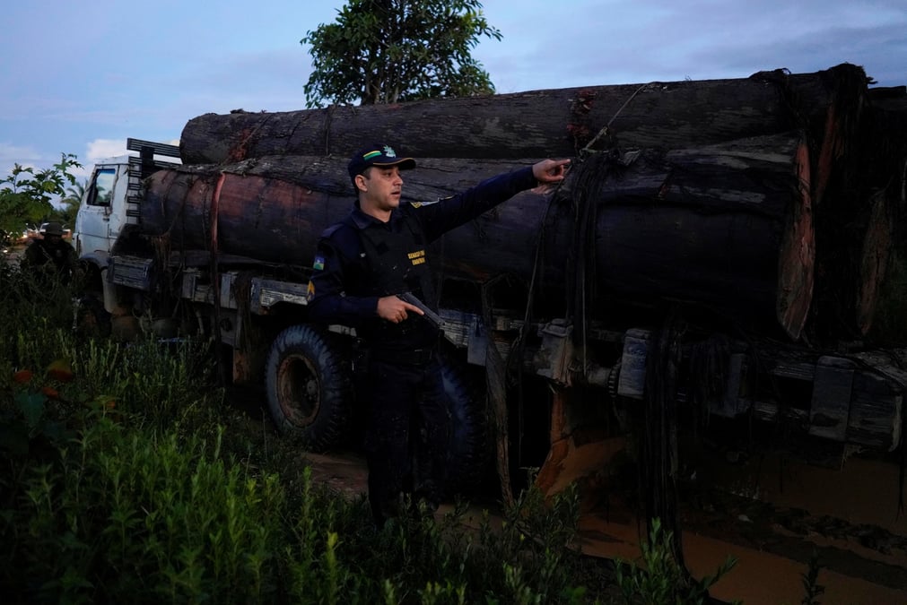 Un officier de police militaire saisit un camion charge de bois illegalement abattu a itapua do oeste, dans l'etat de rondonia, au bresil