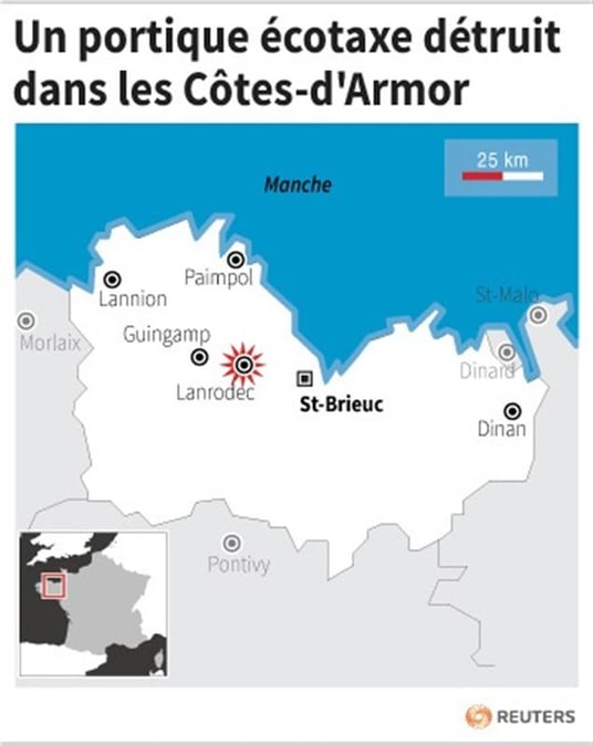 Un portique écotaxe détruit dans les Côtes-d'Armor