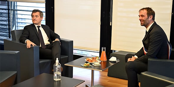 Gérald Darmanin (ministre de l'Intérieur) et Michaël Delafosse (maire de Montpellier) le 14 février 2022 à Montpellier